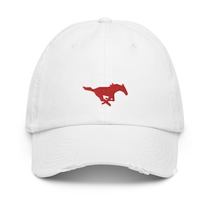 May include: White distressed baseball cap with a red embroidered running horse logo.