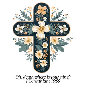 May include: A navy blue cross design adorned with cream and peach-colored flowers and foliage. The cross features a gold border and is set against a white background. The text "Oh, death where is your sting? 1 Corinthians 15:55" is at the bottom.