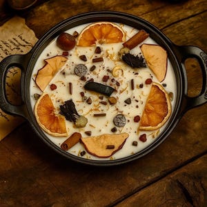 May include: A candle in a black cast iron dish, decorated with orange slices, cinnamon sticks, and dried fruit. The candle has a creamy white wax and is adorned with small metal pentacle charms. The candle sits on a rustic wooden surface.
