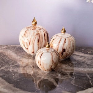 Handmade Ceramic Cube 3-Piece Set - Decorative Covered Cube Ensemble-Gold Color Detailed Ceramic Cube - Special Gift