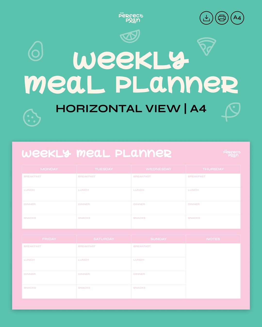 Weekly Meal Planner Printable Horizontal Digital Meal Planning Template ...