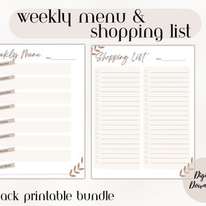 Printable Weekly Menu and Shopping List. PDF Digital Editable List . Dinner Meal Planner . Print at home Organizer