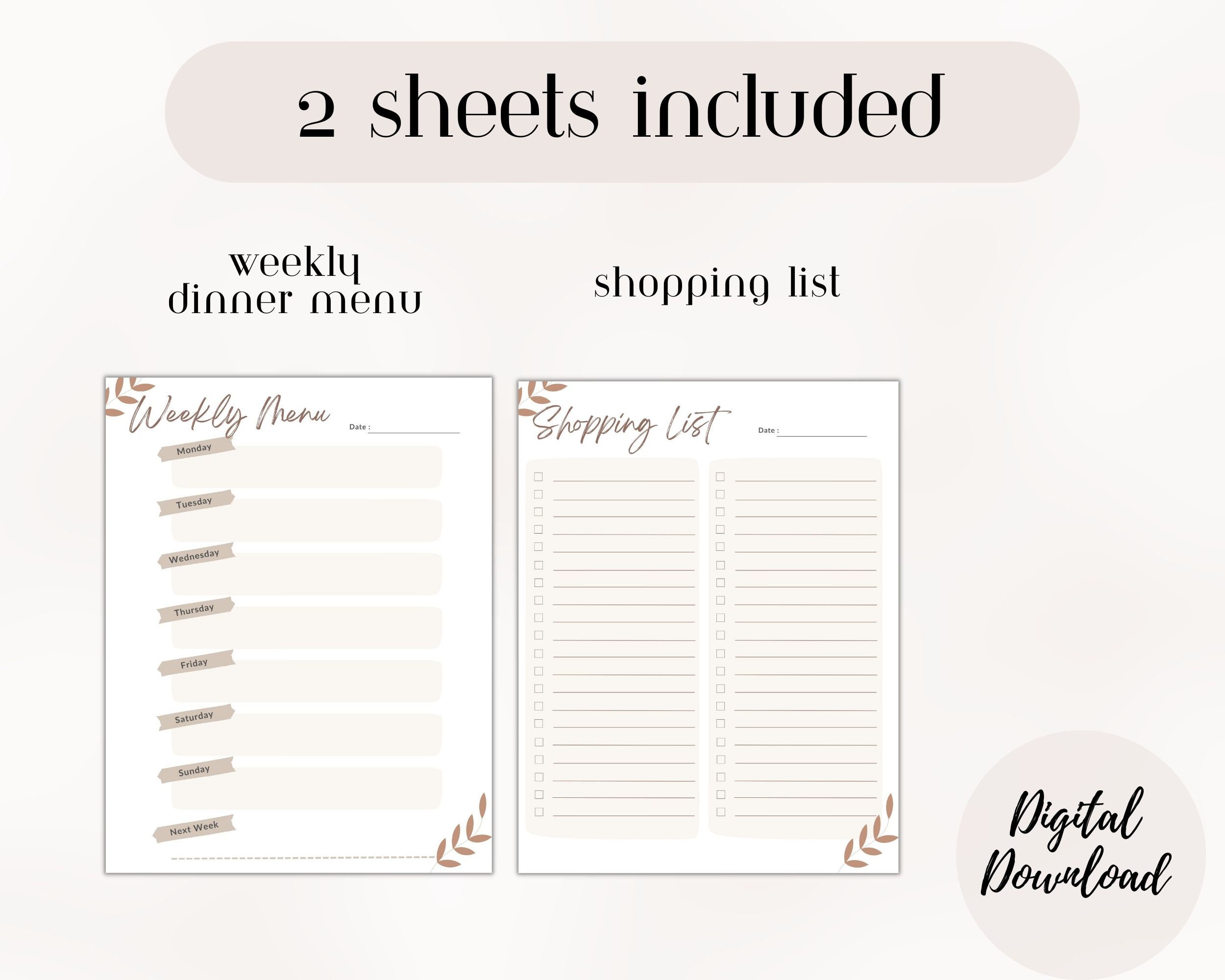 Printable weekly menu and shopping list pdf digital editable list
