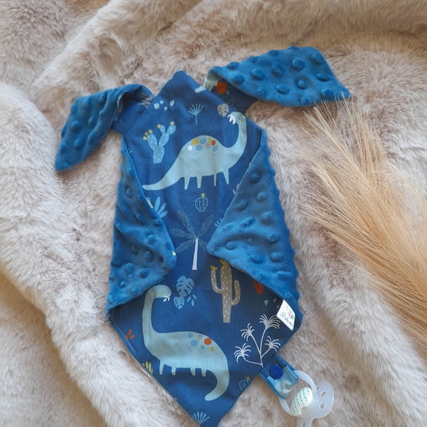 Doudou plat avec attache tétine dinosaure, fait main