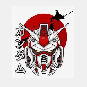Pode incluir: Uma ilustra&ccedil;&atilde;o vermelha, branca e preta de uma cabe&ccedil;a de rob&ocirc; com um c&iacute;rculo vermelho e uma silhueta preta de uma ilha atr&aacute;s. O texto japon&ecirc;s "カ  タ  ム" est&aacute; escrito verticalmente no lado esquerdo da imagem.