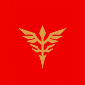 Pode incluir: Um emblema dourado com um design estilizado que se assemelha a um p&aacute;ssaro com as asas abertas e uma ponta de lan&ccedil;a no topo. O emblema est&aacute; sobre um fundo vermelho.