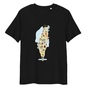 Bio-Baumwolle T-Shirt palästinensische Stadt Karte mit Symbolen Erwachsene Unisex