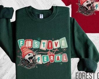 Retro Funny Feral Possum Christmas Sweatshirt, Festive Holiday Sweater, Weird Holiday Gift, Cute 50s Women Opossum Xmas Loungewear PajamaTee