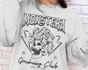 Monstera Sweatshirt for Plant Lovers, Cozy Crewneck Skull Planter Sweater, Spooky Plant Mama Dad Skeleton Sweatshirt, Gardener Gift Idea