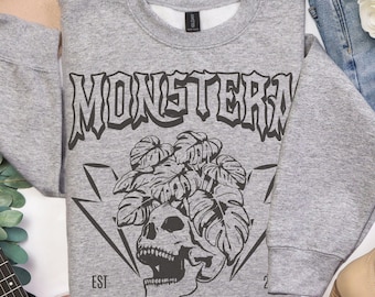 Monstera Sweatshirt for Plant Lovers, Cozy Crewneck Skull Planter Sweater, Spooky Plant Mama Dad Skeleton Sweatshirt, Gardener Gift Idea