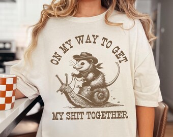 On My Way Cowboy Opossum TShirt, Funny Retro 90s Vintage Aesthetic Tee, Sarcastic Silly Meme Shirt for Men & Women, Weirdcore Graphic Tee