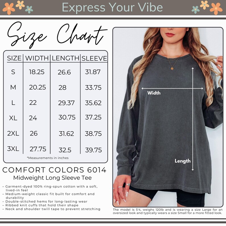 May include: A dark gray Comfort Colors midweight long sleeve tee. The size chart shows measurements in inches for sizes S to 3XL. The shirt is garment-dyed, made of ring-spun cotton, and has a medium-weight classic fit.