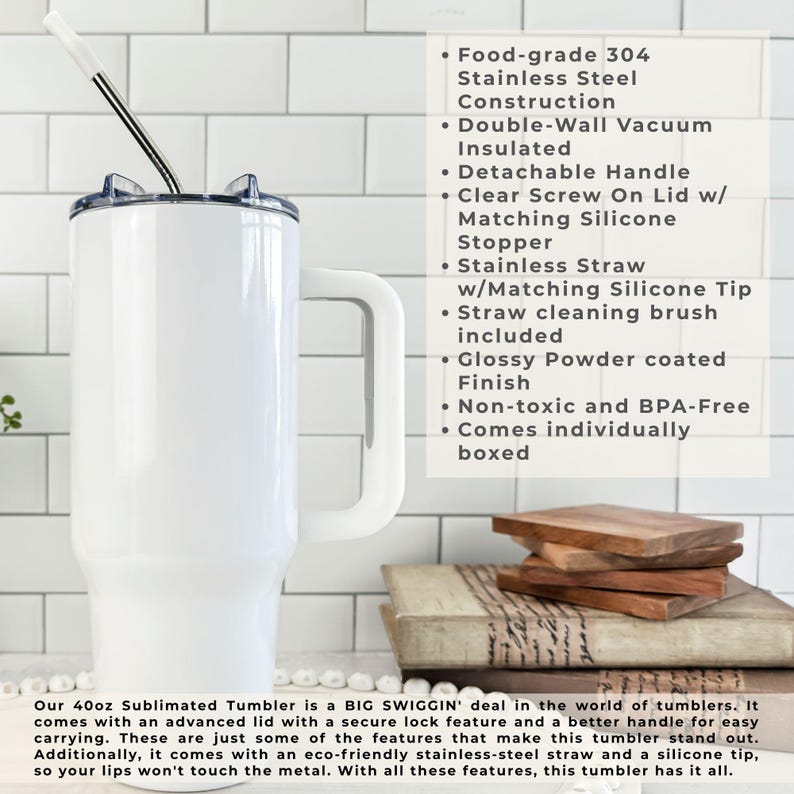 May include: A white 40 oz tumbler with a handle, stainless steel straw, and a clear lid. Features include a detachable handle, double-wall vacuum insulation, and a matching silicone stopper. The tumbler is non-toxic and BPA-free.