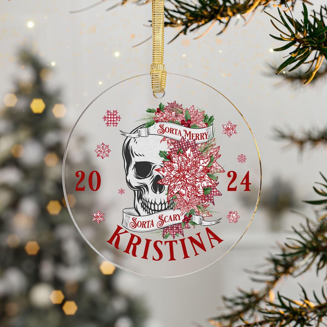 Sorta Merry Sorta Scary Personalized Floral Skull Christmas Ornament ...