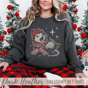 Funny Feral Possum Christmas Lights Sweatshirt, Festive Holiday Sweater, Weird Holiday Gift, Cute Womens Opossum Xmas Loungewear Pajama Tee