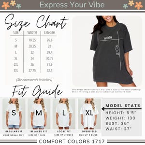 May include: A size chart and fit guide for a t-shirt, with measurements in inches. The chart includes sizes S to 3XL, with corresponding width and length measurements. The fit guide shows how the shirt fits with different sizes. The model is wearing an XL.