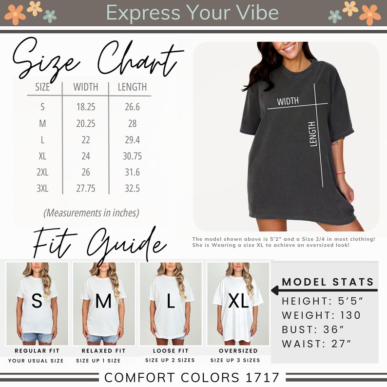 May include: A size chart and fit guide for a t-shirt, with measurements in inches. The chart includes sizes S to 3XL, with corresponding width and length measurements. The fit guide shows how the shirt fits with different sizes. The model is wearing an XL.