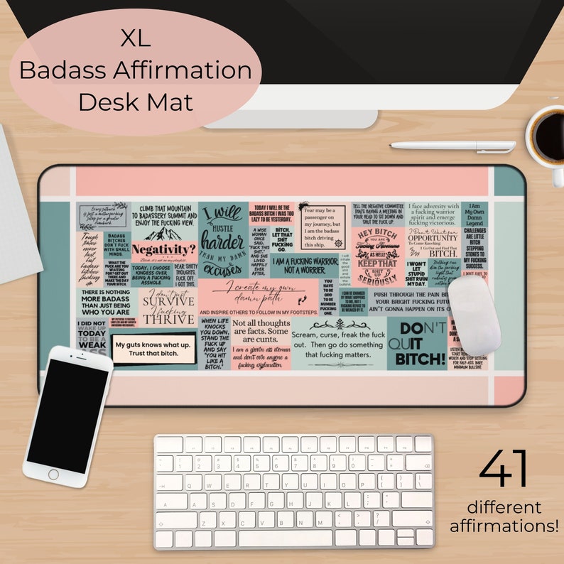 Badass Affirmation Desk Mat for Strong Women, Swear Affirmations xl mousepad desk mat for Badass Women, Cute Daily Affirmation Desk Decor image 1