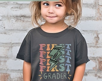 Custom Name First Grade Student Shirt, Lightening Bolt Crayon Youth Comfort Colors 1st Grader Tee,1st Day School, Last Day of Kinder T-shirt