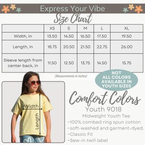 May include: A size chart for a Comfort Colors Youth 9018 t-shirt, with measurements in inches. The chart includes width, length, and sleeve length for sizes XS to XL. A young person is wearing a yellow t-shirt.