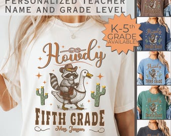Comfort Colors Personalized 5th Grade Teacher Shirt, Funny Western Raccoon Goose Back School Grade Level Team Shirt, Custom Teacher Gift Tee