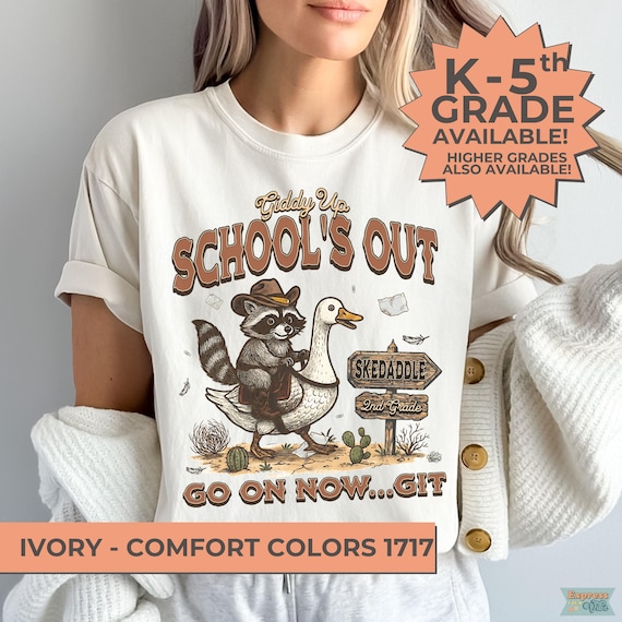 Schools Out Teacher Shirt, Last Day of School Grade Level Tee, Funny Western Raccoon Goose Teacher Gift, End of Year Class Dismissed Top