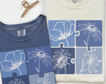 Autism Awareness Floral Puzzle Shirt, Comfort Colors Blue Puzzle Piece Tee, Support Autism TShirt, Special Needs Neurodiversity Mom Gift