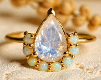 Pear Moonstone & Opal Halo Ring | 925 Silver Vintage Style