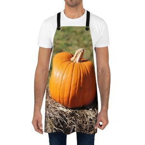Puede incluir: Delantal naranja con una calabaza, correas y botones negros. El delantal presenta una calabaza grande y madura sobre un lecho de heno, perfecto para el otoño o Acción de Gracias. El fondo es un campo verde borroso.