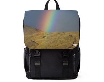 Nature's Palette Unisex Casual Shoulder Backpack: Rainbow over mountain in Iceland on Your Back - Elevating Your Daily Essentials