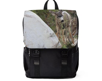 Wildlife Encounter Unisex Shoulder Backpack: White-tailed Deer in Jasper, Canada peeking on your back - Elevating Your Daily Essentials