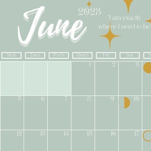 Mid-year digital calendar with affirmations, moon phases, astrology dates