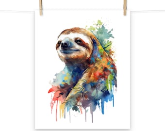 Watercolor Sloth | Colorful Painting | Wilflife Art | Animal Print | Sloth Illustration | Wall Art | Instant Download | Digital Art