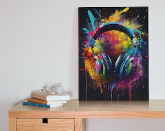 Headphone Print, Music Wall art Print, Earphones poster, DJ gift, printable art, digital download, Music Lover Gift, colorful art