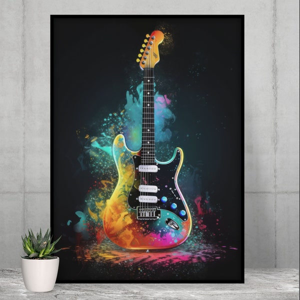 Electric Guitar Poster Art, Wall Print, printable art, digital download, music instrument, Music Lover Gift, colorful art