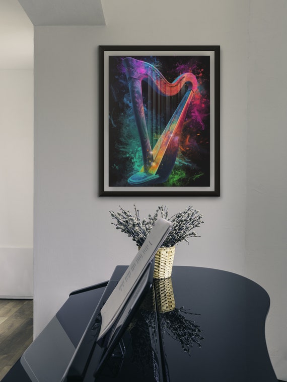 Colorful Harp on Black Background, Printable Wall Art, Classical