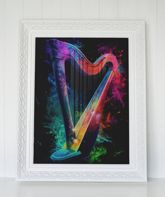 Colorful Harp on Black Background, Printable Wall Art, Classical