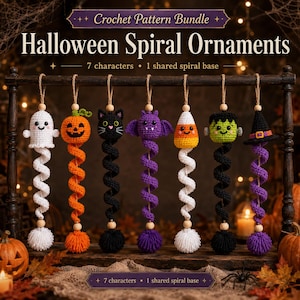 Peut inclure: Un ensemble de modèles au crochet pour décorations spirales d'Halloween comprenant sept personnages : un fantôme blanc, une citrouille orange, un chat noir, une chauve-souris violette, un bonbon, un monstre vert et un chapeau de sorcière.