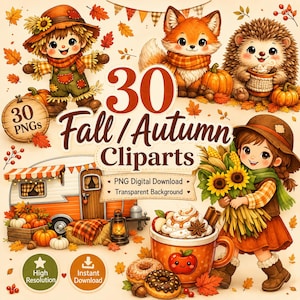 Fall Clipart Bundle PNG, Cute Autumn Clipart, Pumpkin Woodland Animals, Cozy Harvest PNG, Fall Sublimation Digital Download