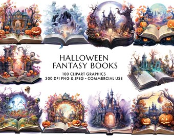 Clipart di libri infestati ad acquerello: scene fantasy di Halloween (download digitale)