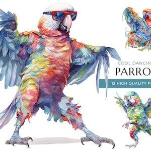 Dancing Parrot Clipart: Funny Watercolor Bird PNGs (Digital Download)