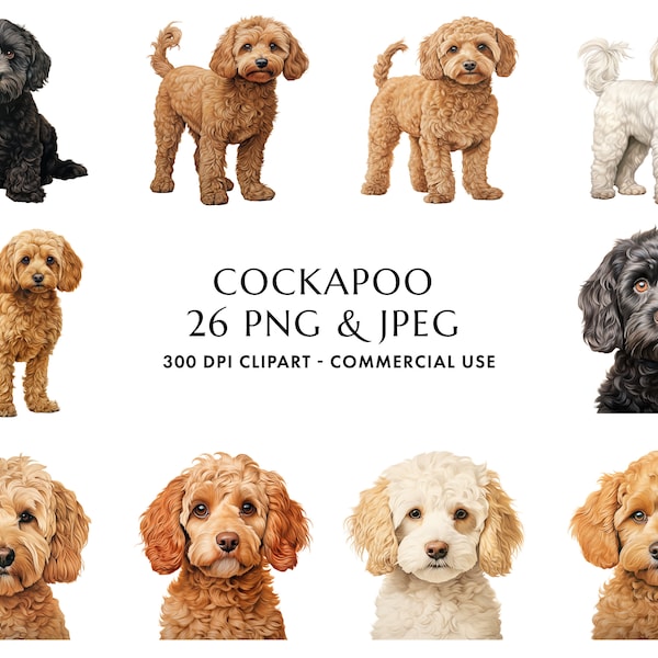 Watercolor Cockapoo Clipart Bundle 26 High Quality PNG & JPEG, Gift for Dog Mom and Dad, Digital Crafting, Digital Download