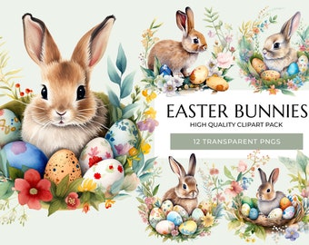 May include: A digital clipart pack of 12 Easter bunnies with watercolor illustrations. The bunnies are surrounded by colorful eggs and spring flowers. The text "Easter Bunnies" and "High Quality Clipart Pack" is displayed on a green banner. The text "12 Transparent PNGs" is displayed on a white banner.