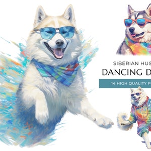 Coole tanzende Siberian Husky Clipart, 14 hochwertige PNG, lustige Aquarell Hunde, Digitaldrucke, kreative Projekte, digitaler Download
