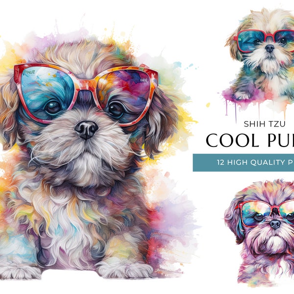 Cool Shih Tzu Puppy Dog Clipart, 12 High Quality PNGs, Funny and Cute Baby Dogs with sunglasses, Digital Crafting, Digital Download