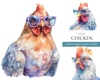 Watercolor Chicken Clipart with Sunglasses, 9 High-Quality PNG & JPEG, Cool Farm Animal Print, Digital Crafting, Digital Download