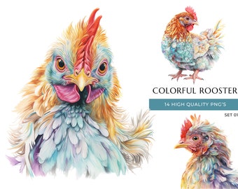Watercolor Rooster Clipart: Farm Animal PNGs (Digital Download)