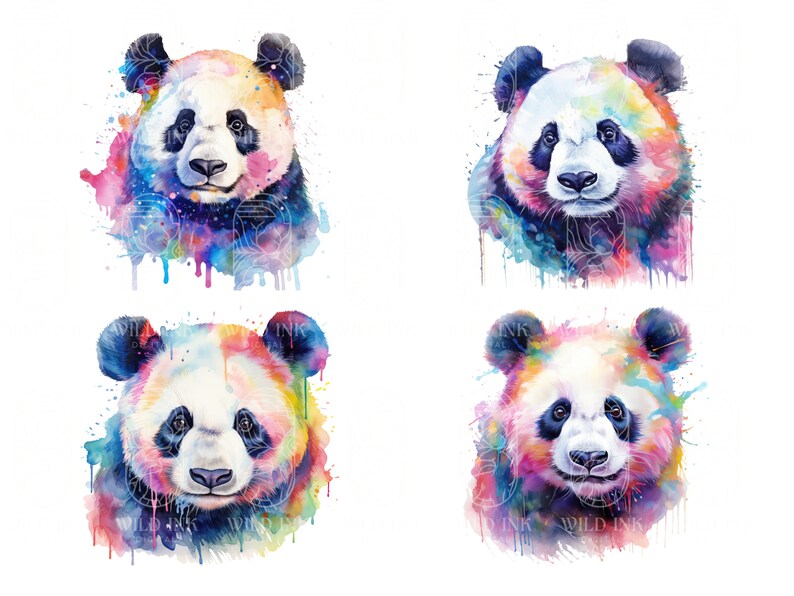 May include: Four watercolor paintings of panda bears with colorful splashes of paint. The pandas are all facing forward with their mouths closed and their eyes open. The background is white.