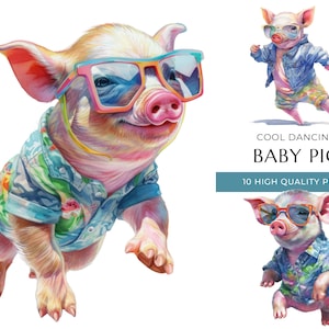 Cool Dancing Baby Pig Clipart, 10 High Quality PNG, Cute Watercolor Animals, Digital Prints and Creative Projects, Digital Download