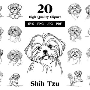 Pacchetto Shih Tzu SVG e PNG Clipart: Digital Line Art, disegno vettoriale minimalista per sublimazione, amante dei cani, download digitale